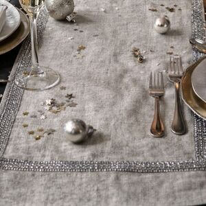 Chestnut Lane Neutral Linen Table Runner 72x14 Rhinestone Trim Christmas Festive